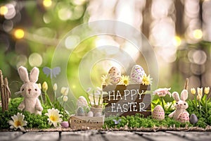 Happy easter bluebells Eggs Easter treats Basket. White Editorial Illustration Bunny Traditional Illustration type area