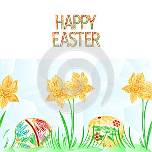 Happy easter border seamless background daffodil and easter eggs with grass polygons