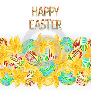 Happy easter border seamless background with easter eggs and daffodil vector Illustration for use in interior design, artwork, dis