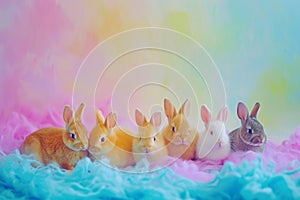 Happy easter bouncing Eggs Pastel sky blue Basket. White rose dusk Bunny jovial. cuddly toy background wallpaper