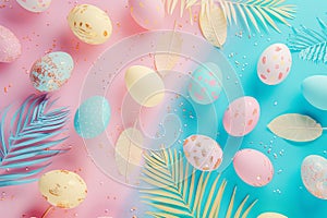 Happy easter bouquet of flower Eggs Hidden Easter Secrets Basket. White Spring Bunny Surreal. Wicker basket background wallpaper
