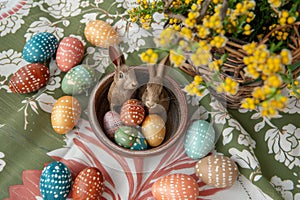 Happy easter bowtie Eggs Chestnut blossoms Basket. White heartwarming message Bunny blank card. palm sunday background wallpaper