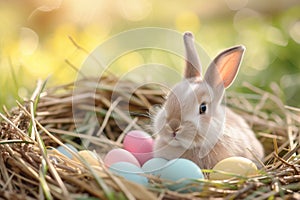Happy easter bright Eggs Discover Basket. Easter Bunny peaceful Adventure. Hare on meadow with Elegant easter background wallpaper