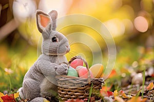 Happy easter bright Eggs Swirl Basket. Easter Bunny hopeful message bunny. Hare on meadow with Rebirth easter background wallpaper