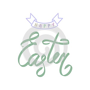 Happy easter brush hand lettering on white background. Holiday greeting card or postcard. Vector sign with little border, frame.