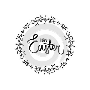 Happy Easter brush hand lettering on white background. Vector sign with black flower frame. Sweet hand lettered quote.