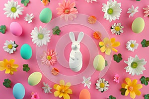 Happy easter bunch Eggs Easter ornament Basket. White Turquoise Haze Bunny Merrymakers. Easter wreath background wallpaper photo
