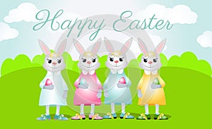 Happy Easter bunnies stand on a green field. Rabbits are smiling and holding decorative eggs.