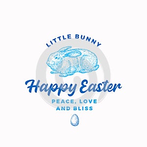 Happy Easter Bunny Abstract Vector Sign, Symbol or Logo Template. Hand Drawn Engraving Style Rabbit Sillhouette Sketch