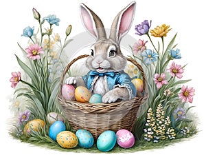 happy easter bunny in basket with dyed eggs and springtime vegetation vintage victorian style illustration