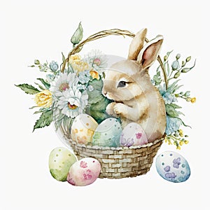 Happy Easter bunny in basket with a spring flowers and Easter eggs, watercolor background Generative ai