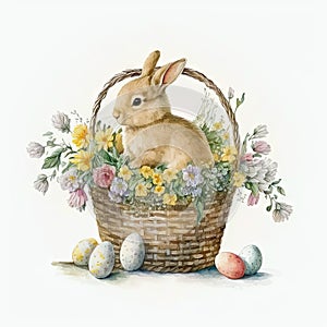 Happy Easter bunny in basket with a spring flowers and Easter eggs, watercolor background Generative ai