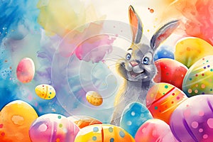 Happy Easter bunny with colored eggs, watercolor