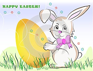 Happy Easter Bunny and Colorful Eggs. Vector Color Illustration Greeting Card rectangular format