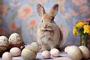 Happy Easter with bunny and decorated painted eggs. Generative AI