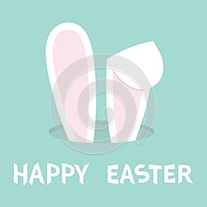 Happy Easter. Bunny ears. Rabbit hole. Hidden head face. Cute cartoon kawaii funny baby character. Farm animal collection. Blue