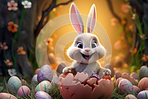 Happy easter bunny and easter eggs in cartoon style. Generative AI