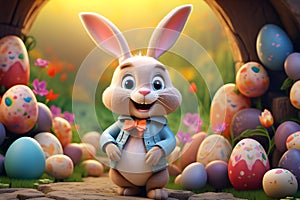 Happy easter bunny and easter eggs in cartoon style. Generative AI