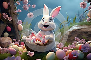 Happy easter bunny and easter eggs in cartoon style. Generative AI