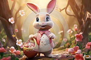 Happy easter bunny and easter eggs in cartoon style. Generative AI