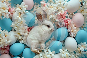 Happy easter bunny family Eggs Snapdragon blooms Basket. White Easter egg hunt Bunny forgiveness. gentle background wallpaper