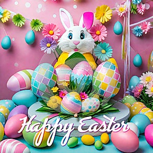 Happy Easter Bunny Greeting Card with Easter Eggs and Basket on colorful party setting