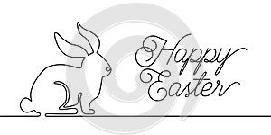 Happy Easter bunny greeting card in simple one line style with text celebration word sign. Rabbit vector illustration