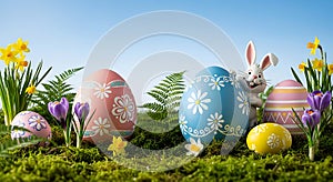 Happy Easter bunny hides among vibrant spring eggs