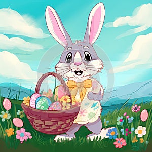 Happy Easter bunny holding a basket filled with colorful eggs, surrounded by flowers, against a blue sky. Generative AI