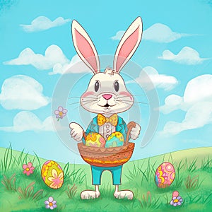 Happy Easter bunny holding a basket filled with colorful eggs, surrounded by flowers, against a blue sky. Generative AI