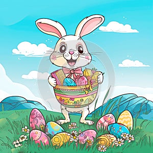 Happy Easter bunny holding a basket filled with colorful eggs, surrounded by flowers, against a blue sky. Generative AI