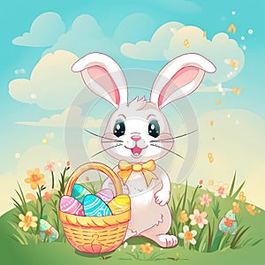 Happy Easter Bunny holding a basket filled with multicolored eggs, surrounded by flowers and green grass, with a clear blue sky in