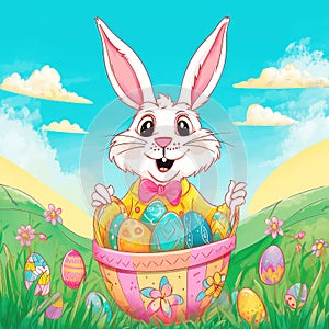 Happy Easter Bunny holding a basket filled with multicolored eggs, surrounded by flowers and green grass, with a clear blue sky in