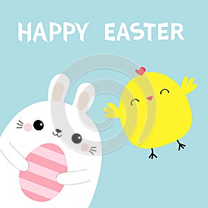 Happy Easter bunny holding pink painting egg. Chicken flying. Rabbit baby chick bird friends forever. Cute cartoon kawaii funny