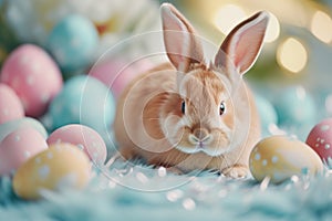 Happy easter bunny hop Eggs Uplift Basket. White available space Bunny model. commemoration background wallpaper photo