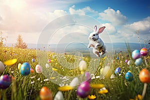 Happy Easter bunny jumping over colorful flowering spring meadow . Generative AI