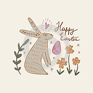 Happy Easter bunny rabbit banner template trendy cute lettering typographic vector postcard composition with sign