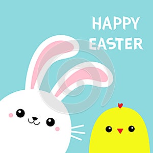 Happy Easter Bunny rabbit chicken bird chick face head in the corner. Cute kawaii cartoon funny smiling baby character set. White