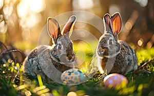 Happy Easter, bunny, rabbit, colored eggs, grass, Christian holiday, the Resurrection of Jesus Christ, traditional