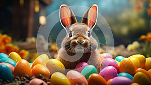 Happy Easter, bunny, rabbit, colored eggs, grass, Christian holiday, the Resurrection of Jesus Christ, traditional