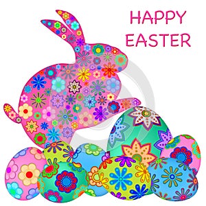 Happy Easter Bunny Rabbit with Colorful Eggs