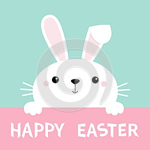 Happy Easter bunny rabbit face and paws. Cute cartoon kawaii funny baby character. Long ears. Farm animal collection. Blue