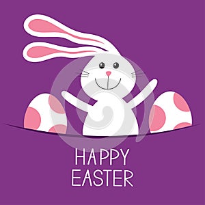 Happy Easter. Bunny rabbit hareand pained egg in the pocket. Baby greeting card. Violet background. Flat design.