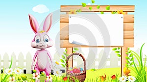 Happy Easter Bunny saying hello with sign