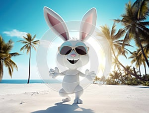 Happy Easter bunny in sunglasses on the beach.