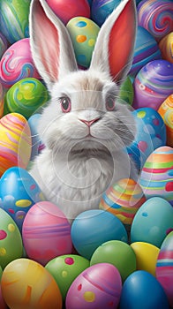 Happy Easter bunny surrounded by many colorful brightly painted eggs. Festive Rabbit. For greeting card, invitation