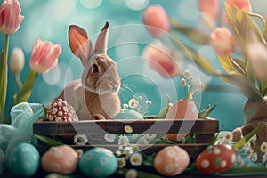 Happy easter Bunny trail Eggs Bright shells Basket. White Forgiveness Bunny pruning. Easter cantata background wallpaper