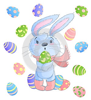 Happy Easter Bunny. Vector illustration clipart set for Easter greeting card, invitation with cute rabbit and Easter