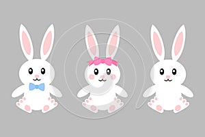 Happy easter bunny - vector set. Bunnies with bows girl and boy. Cute bunny. White rabbit isolated. Cartoon