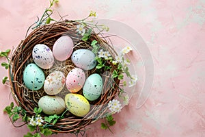 Happy easter Buoyant Eggs Easter Bunny Cups Basket. White easter delphinium Bunny turquoise blue. easter bell background wallpaper